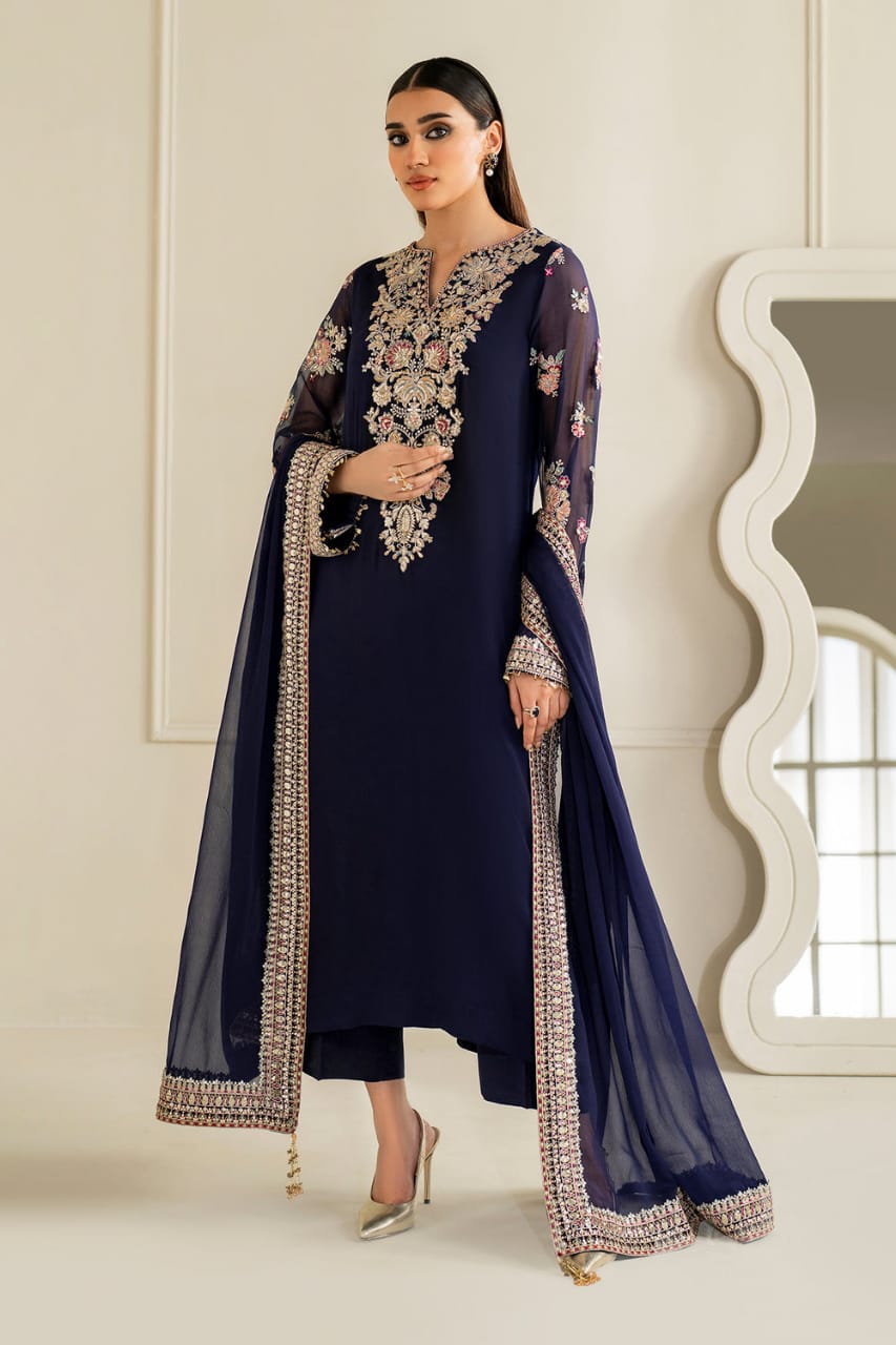 Baroque Blue Chiffon Formal Collection Embroidery 3piece Unstitched