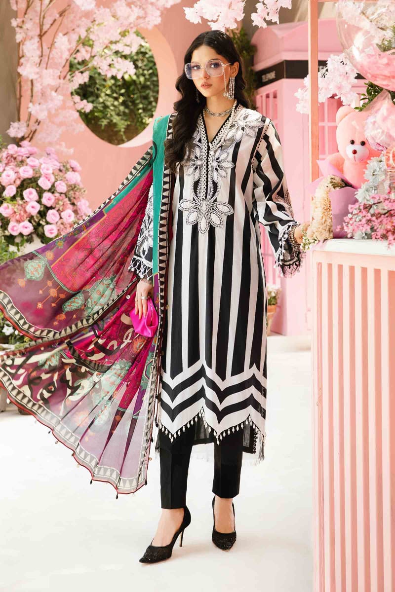 M.B Black & White Stripes New Arrival Lawn Emb 3pc Unstitched