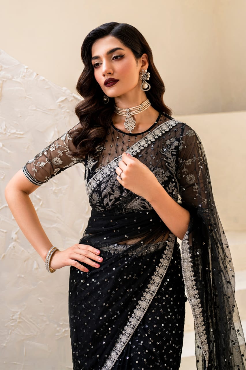 Iznik Black Saree Wedding Collection Soft Net Hand Work New Arrival