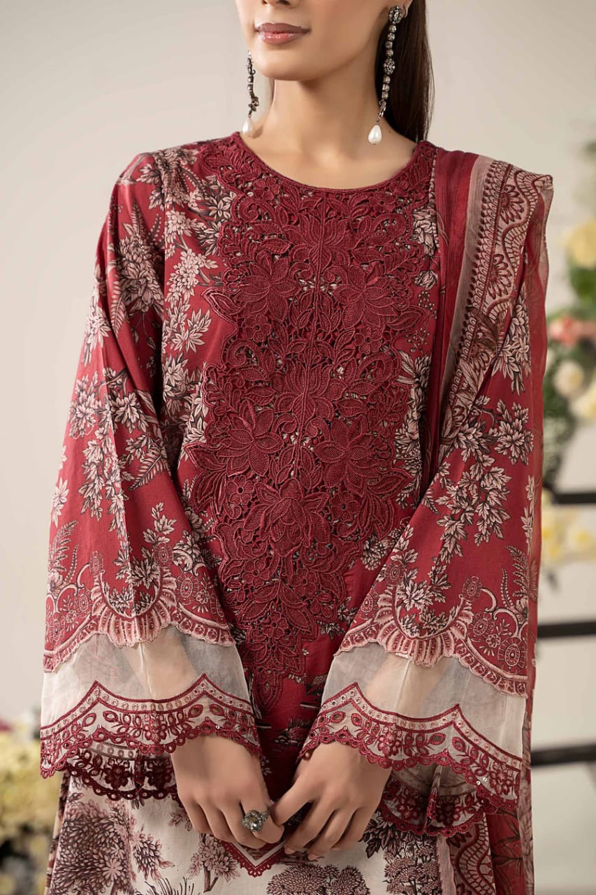 M.B Maroon & White Mprints 2025 Luxury Lawn Embroidered Collection Unstitched