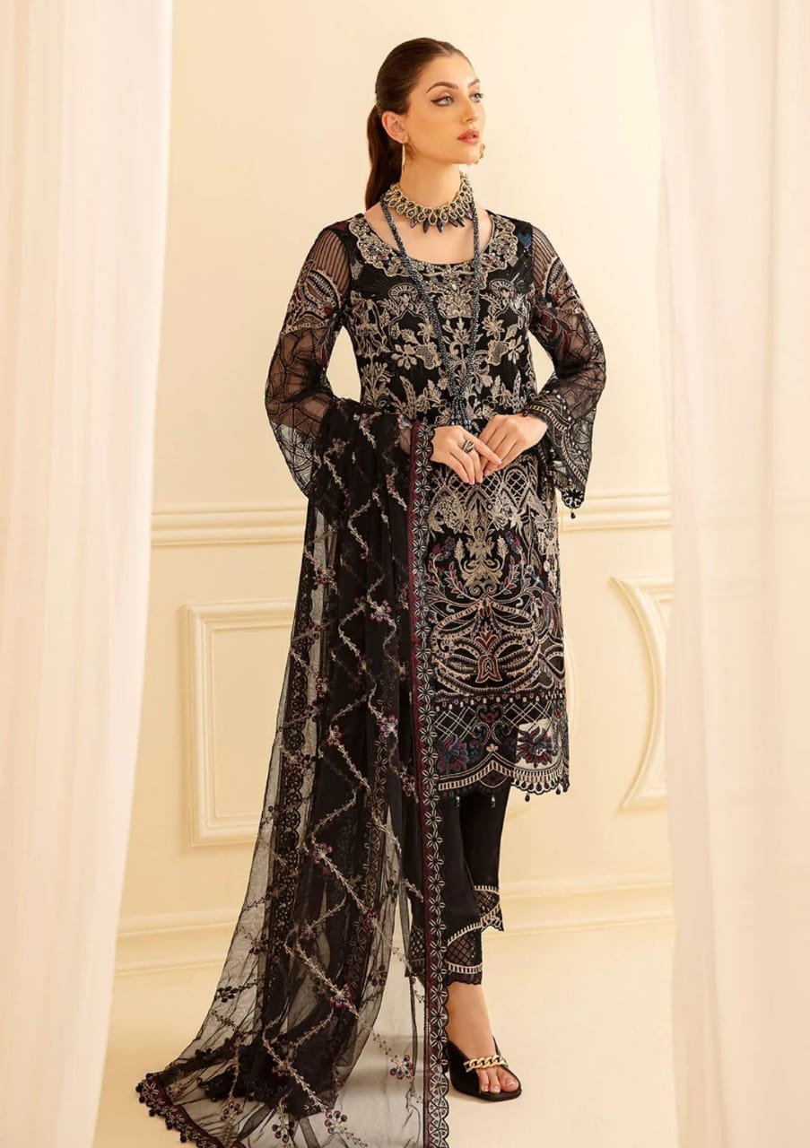 Ramsha Minhal Black Chiffon Embroidered 3piece Unstitched