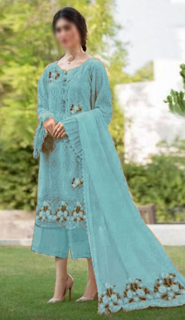 Zarqash Sky Blue Embroidery Lawn Chikankari Dress 3pc Unstitched