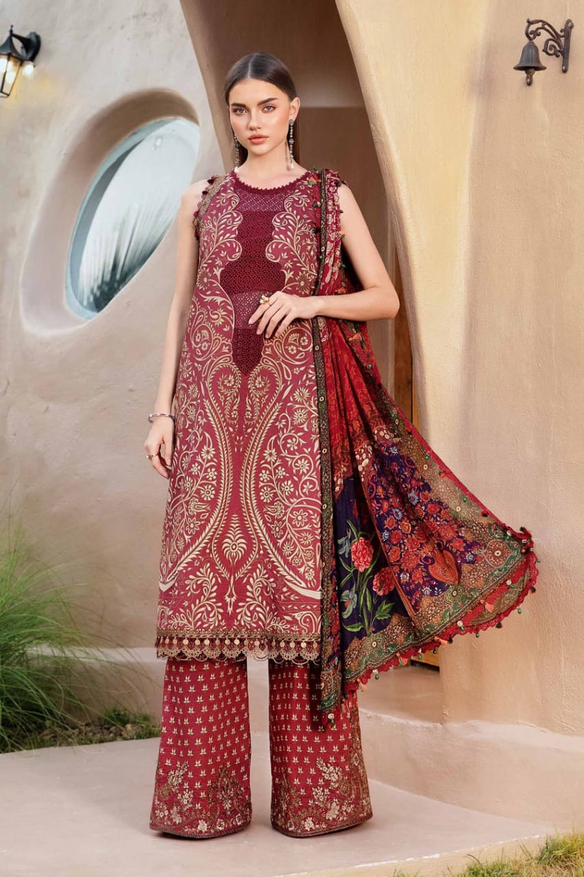 M.B Maroon printed Lawn Embroidery 3pc Unstitched Dress