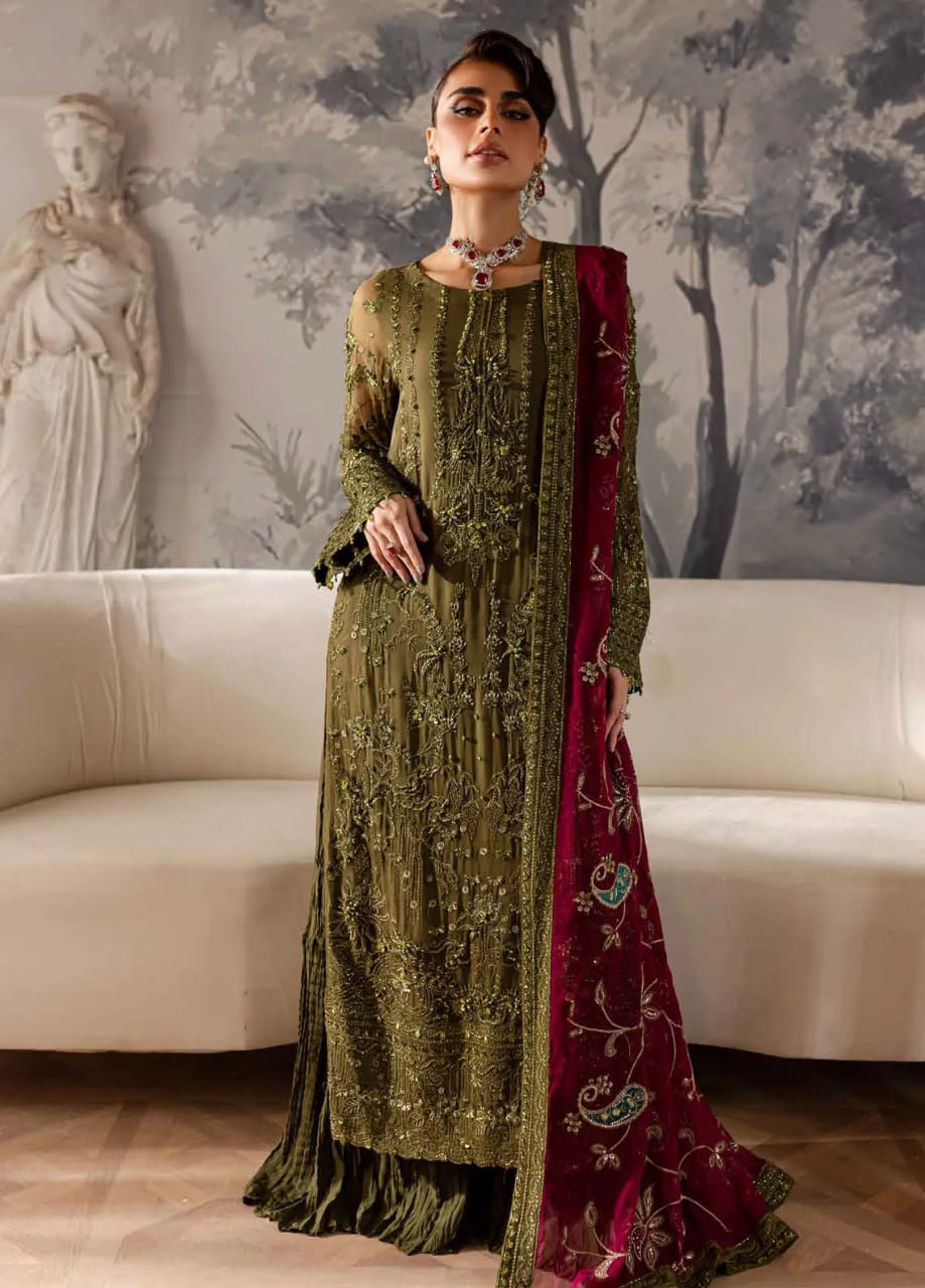 Nureh Green Maroon Chiffon Dress Formal Collection 3pc