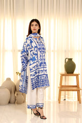 Lulusar Silk Digital Printed Blue & White 3PC Unstitched Dress