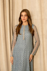 Lulusar Gray Soft Net Embroidery Luxury Collection 3piece Unstitched