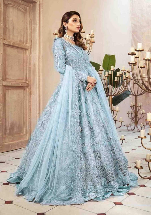 Maria B Sky Blue Wedding Collection Bridal Maxi Soft Net Fabric