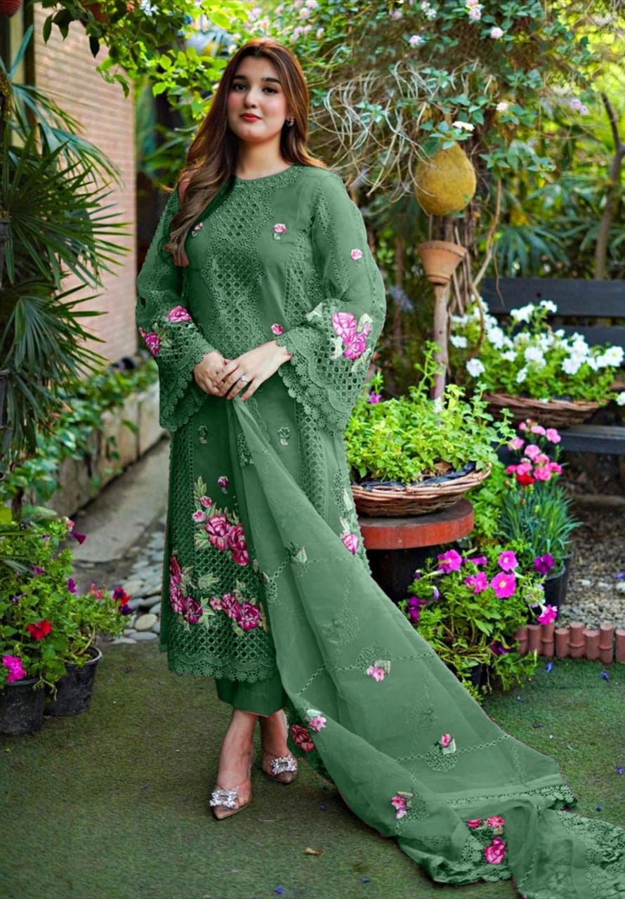 Aneelas Green organza Embroidery Formal Collection 3piece Unstitched