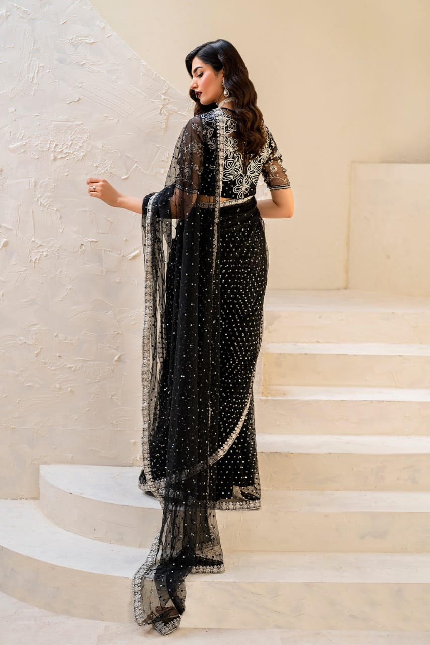 Iznik Black Saree Wedding Collection Soft Net Hand Work New Arrival