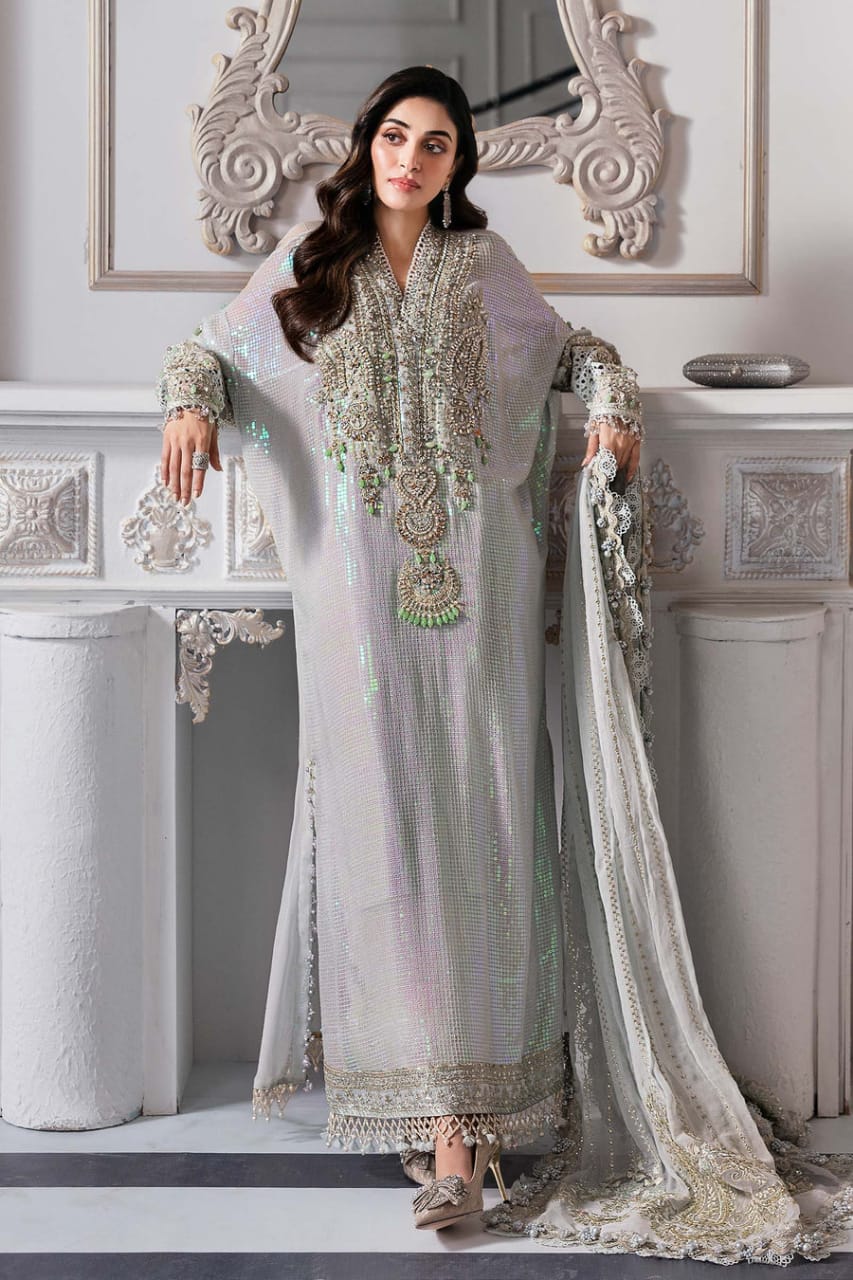 M.B Light Green Luxury Chiffon Embroidered 3piece Unstitched