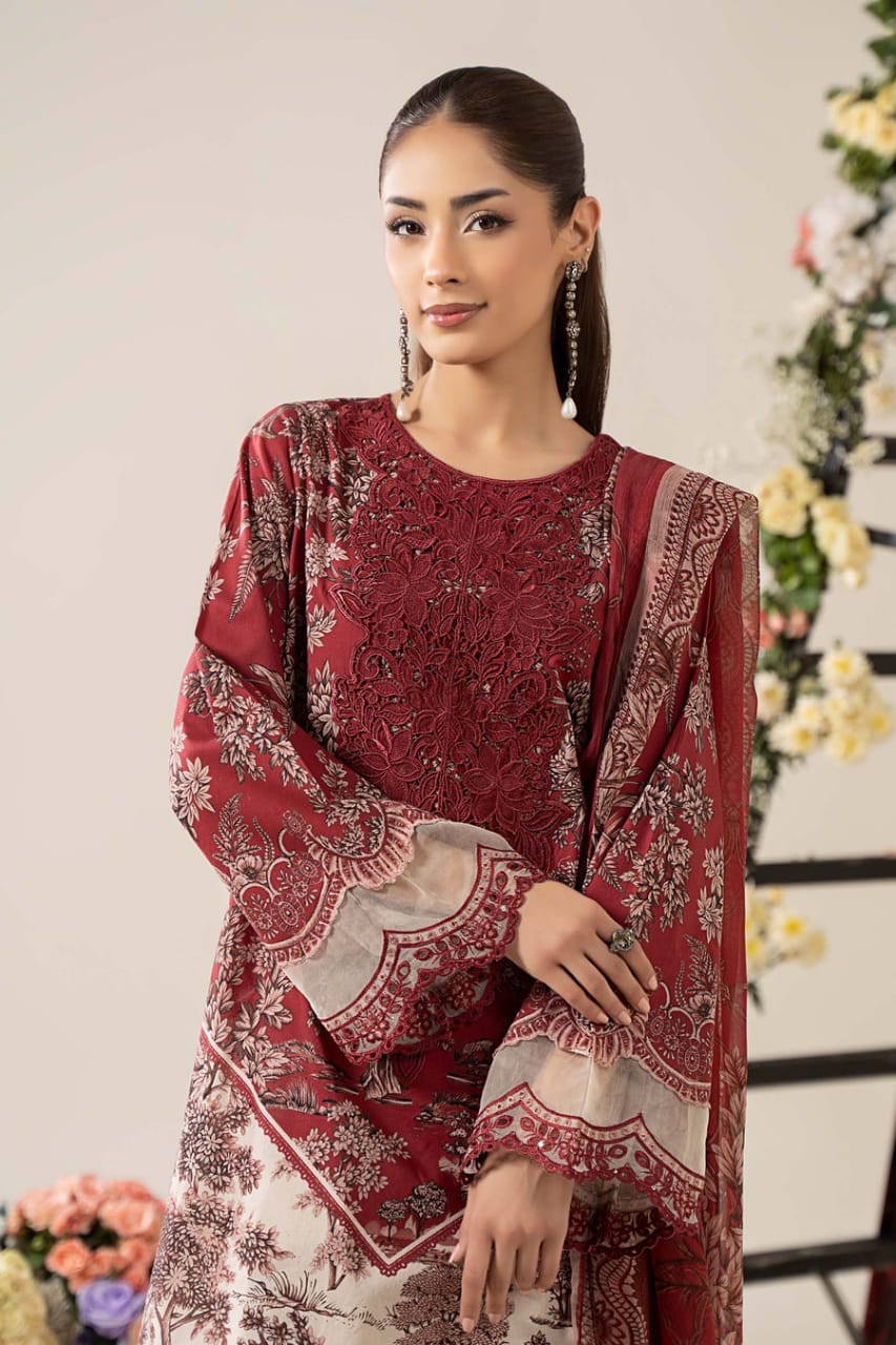 M.B Maroon & White Mprints 2025 Luxury Lawn Embroidered Collection Unstitched