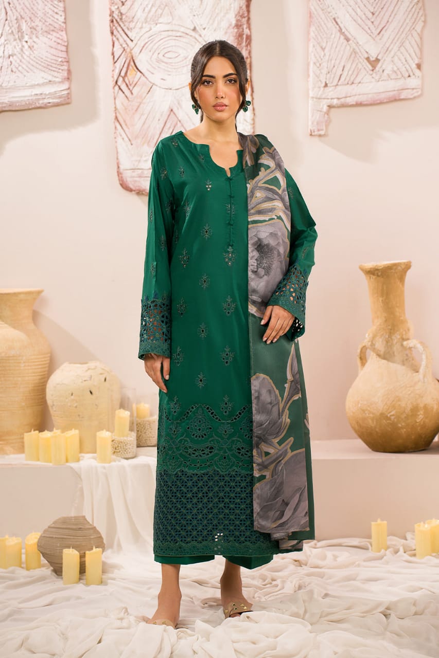 IZNIK DARK GREEN SHIFFLE CHIKANKARI DRESS 3PC