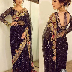 Tena Durrani Black Saree Chiffon Embroidery Unstitched