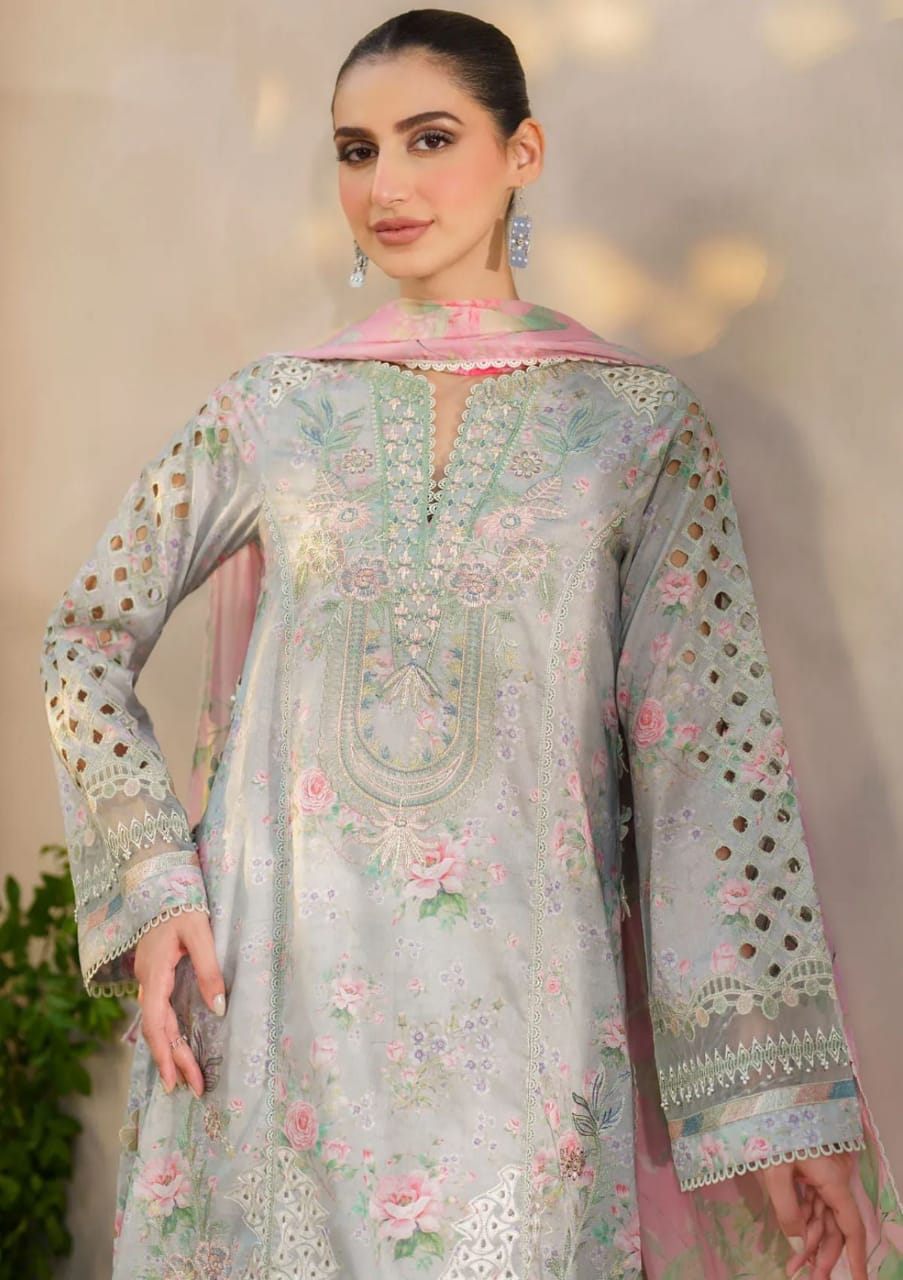 Iznik Light Blue Printed Lawn Embroidery 3piece Unstitched