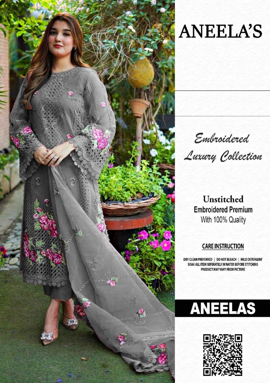 Aneelas Gray organza Embroidery Formal Collection 3piece Unstitched