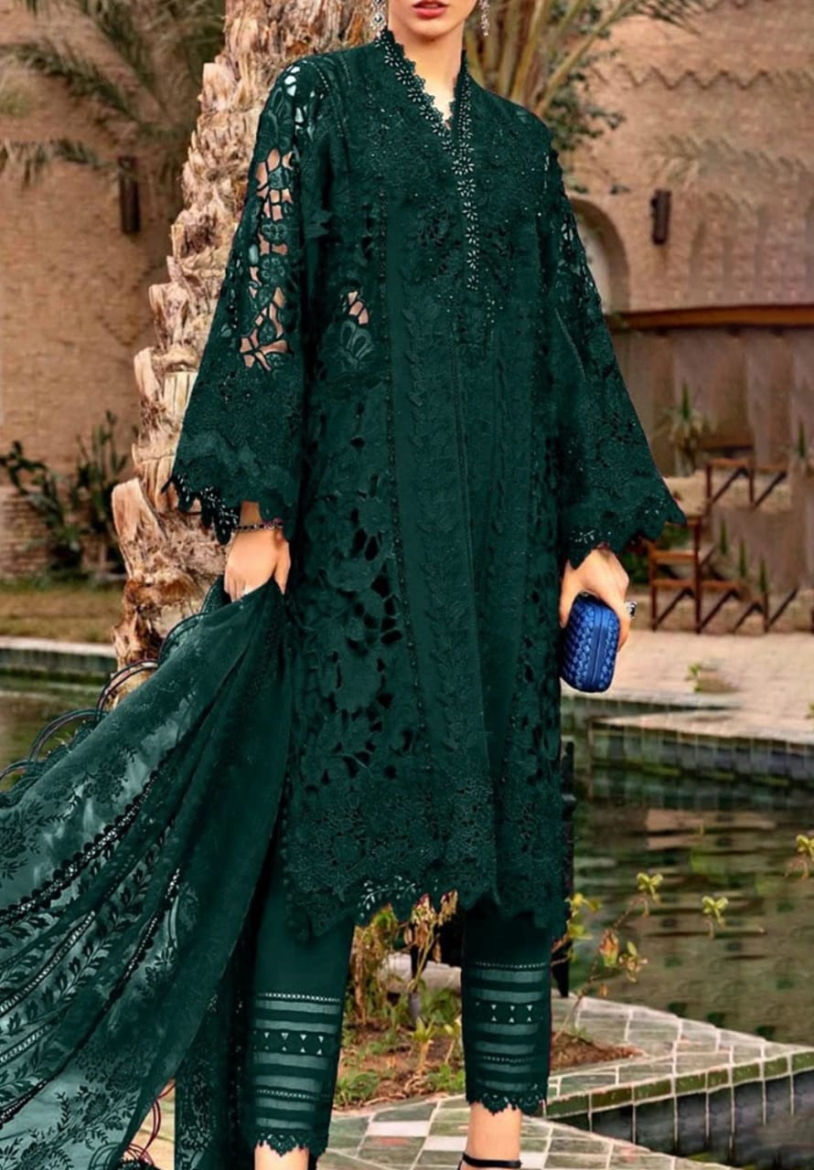 M.B C Green Lawn Embroidery Chikankari Dress 3pc Unstitched