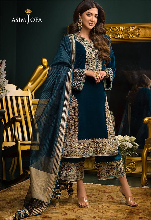 Asim Jofa Blue Chiffon Embroidery Dress Formal Collection 3pc
