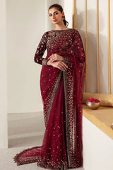 M.B Maroon Wedding Collection Saree Soft Net Fabric Embroidery Unstitched