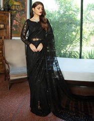 Emaan Adeel Black Net Luxury Embroidered Wedding Collection Saree Unstitched
