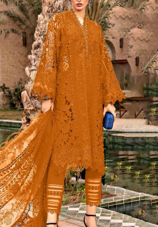 M.B Mustard Lawn Embroidery Chikankari Dress 3pc Unstitched