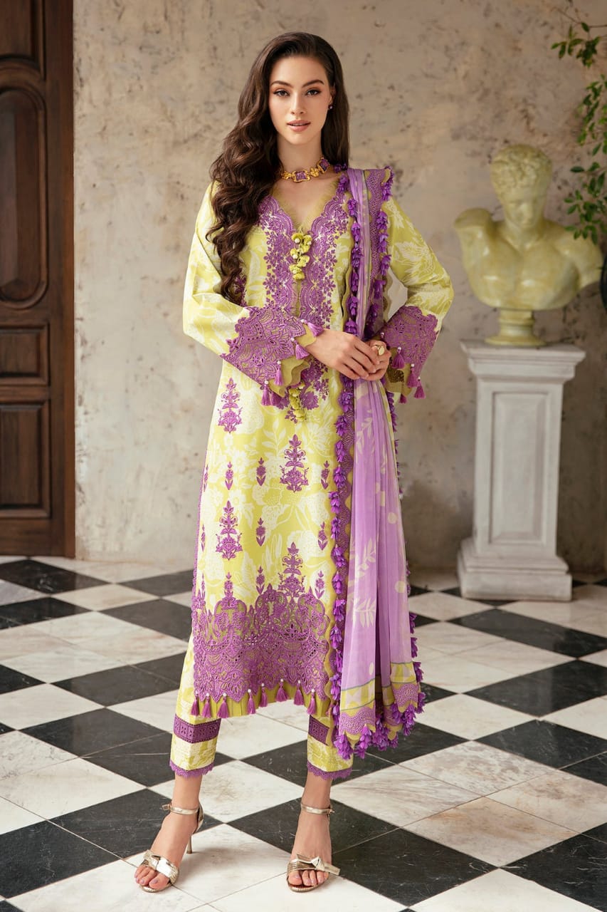 Jade Embroidery Yellow & Purple Floral Luxury Lawn Dress 3Piece Unstitched