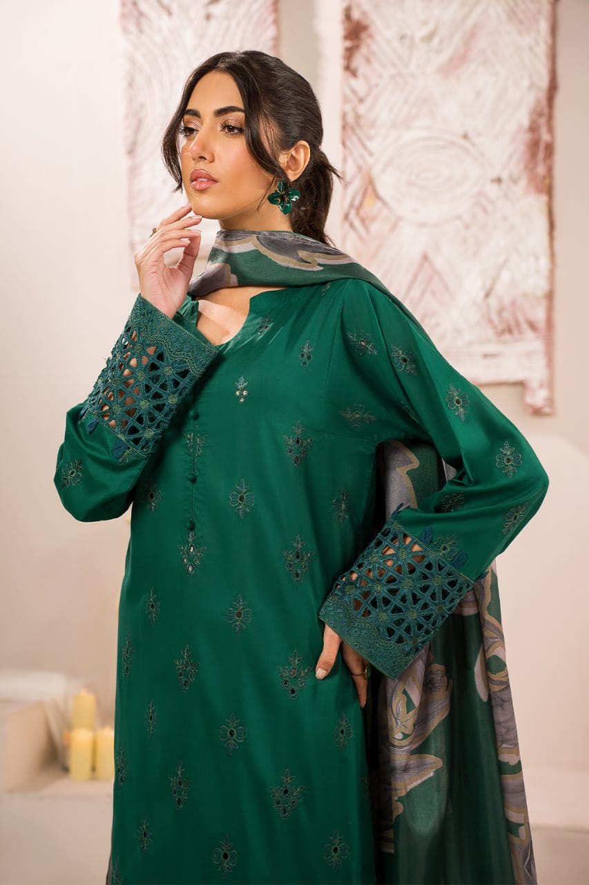 IZNIK DARK GREEN SHIFFLE CHIKANKARI DRESS 3PC