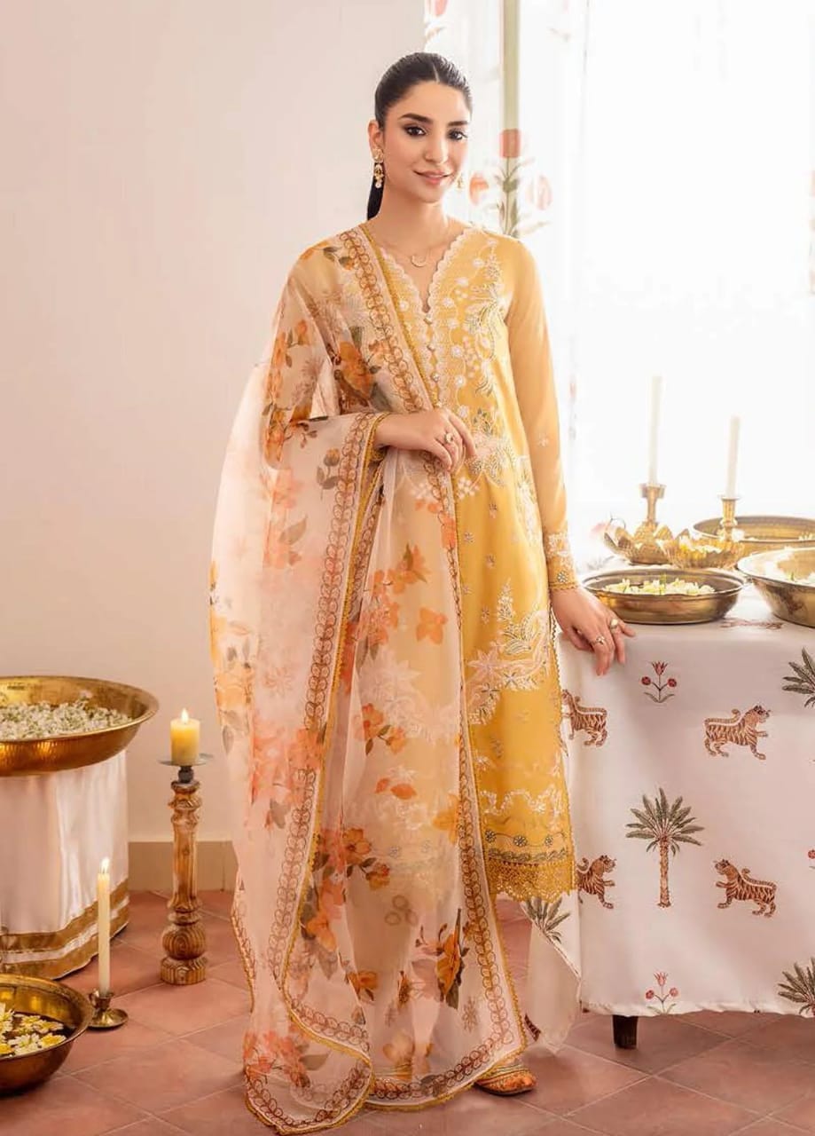 Cross Stitch Mustard Chikankari Embroidery Dress 3pc