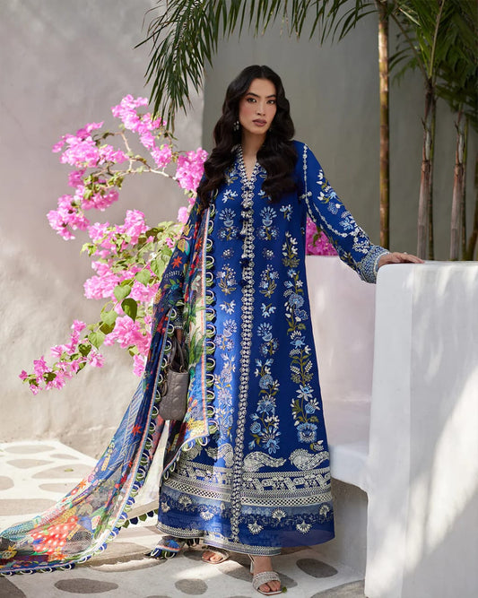 Faiza Saqlain Blue Embroidery Lawn Chikankari Dress 3pc