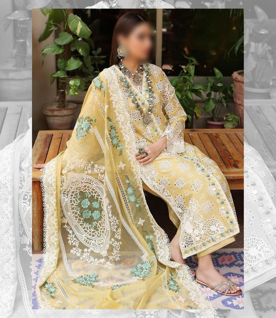 CRIMSON Yellow CHIKANKARI LUXURY LAWN DRESS
