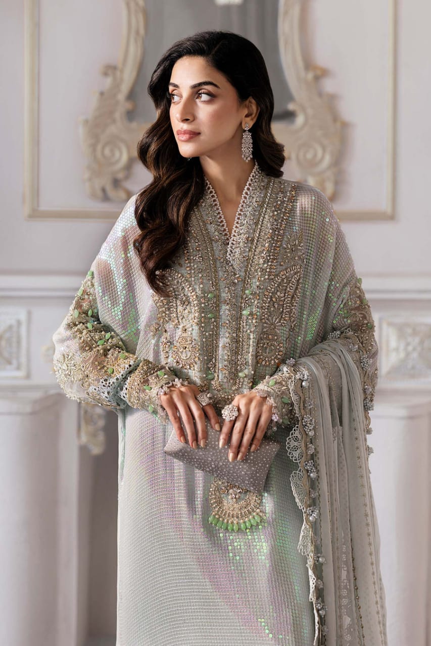M.B Light Green Luxury Chiffon Embroidered 3piece Unstitched