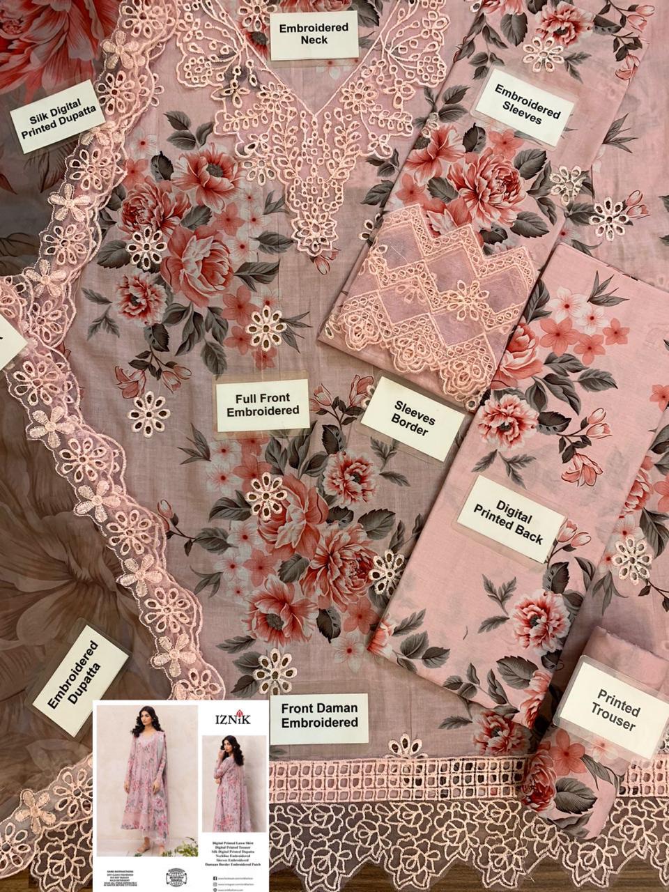 Iznik Pink Pure Lawn Chikankari Embroidery Dress 3pc Unstitched