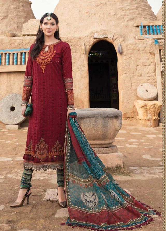 M.B Maroon Lawn Summer Collection Emb 3pc Unstitched