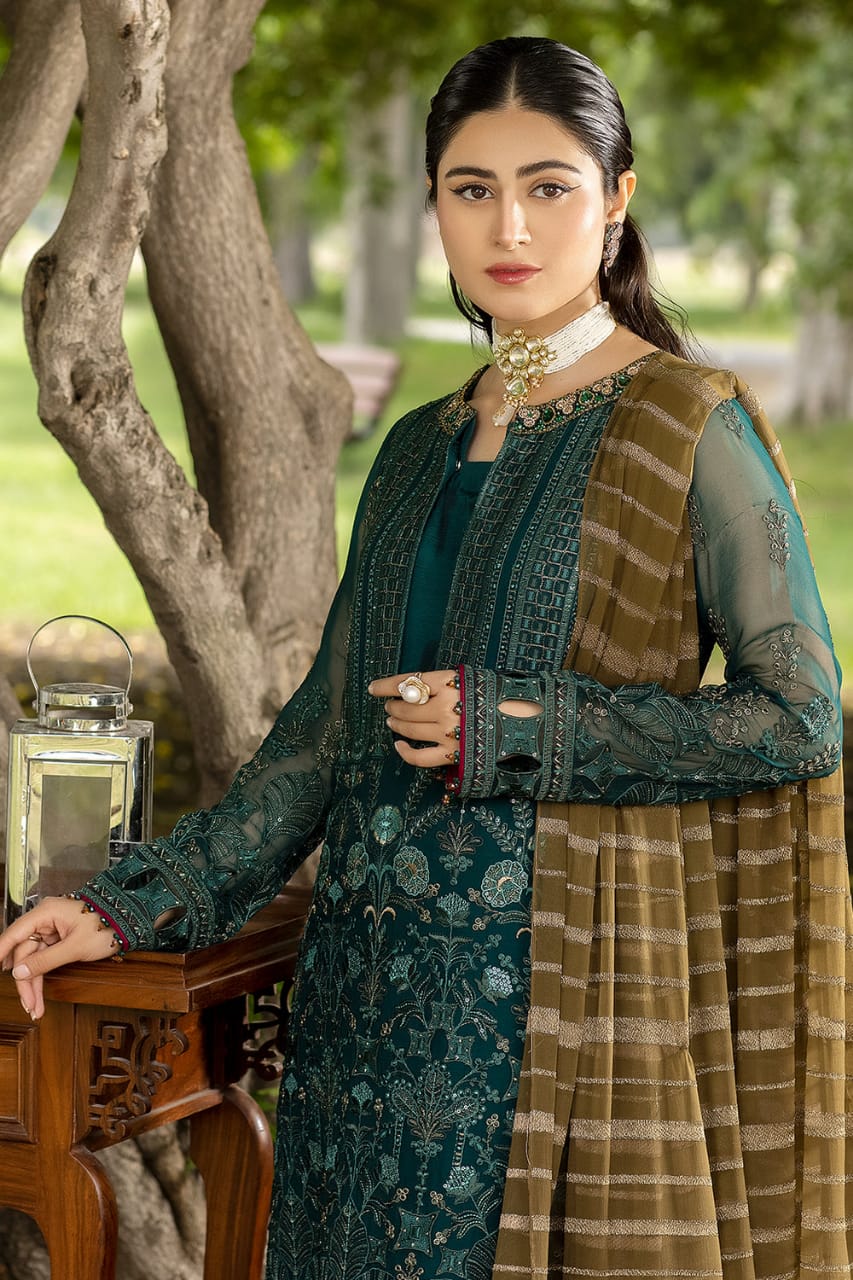 Flossie Green Chiffon Dress Formal Collection 3pc Unstitched