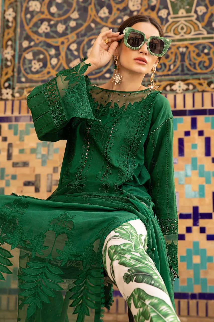 MARIA B GREEN CHIKANKARI LAWN EMBROIDERY DRESS