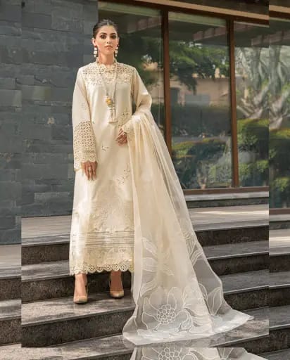 Mushq Cream Embroidery Chikankari 3pc Unstitched Dress