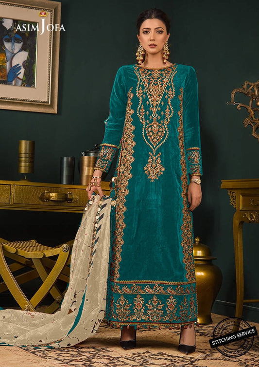 Asim Jofa Bottle Green Cotton Lawn Embroidery Dress 3pc Fancy