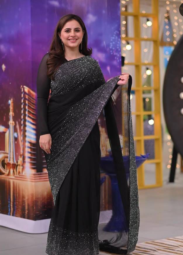 Emaan Fatima Saree Black Chiffon Stone Work Unstitched