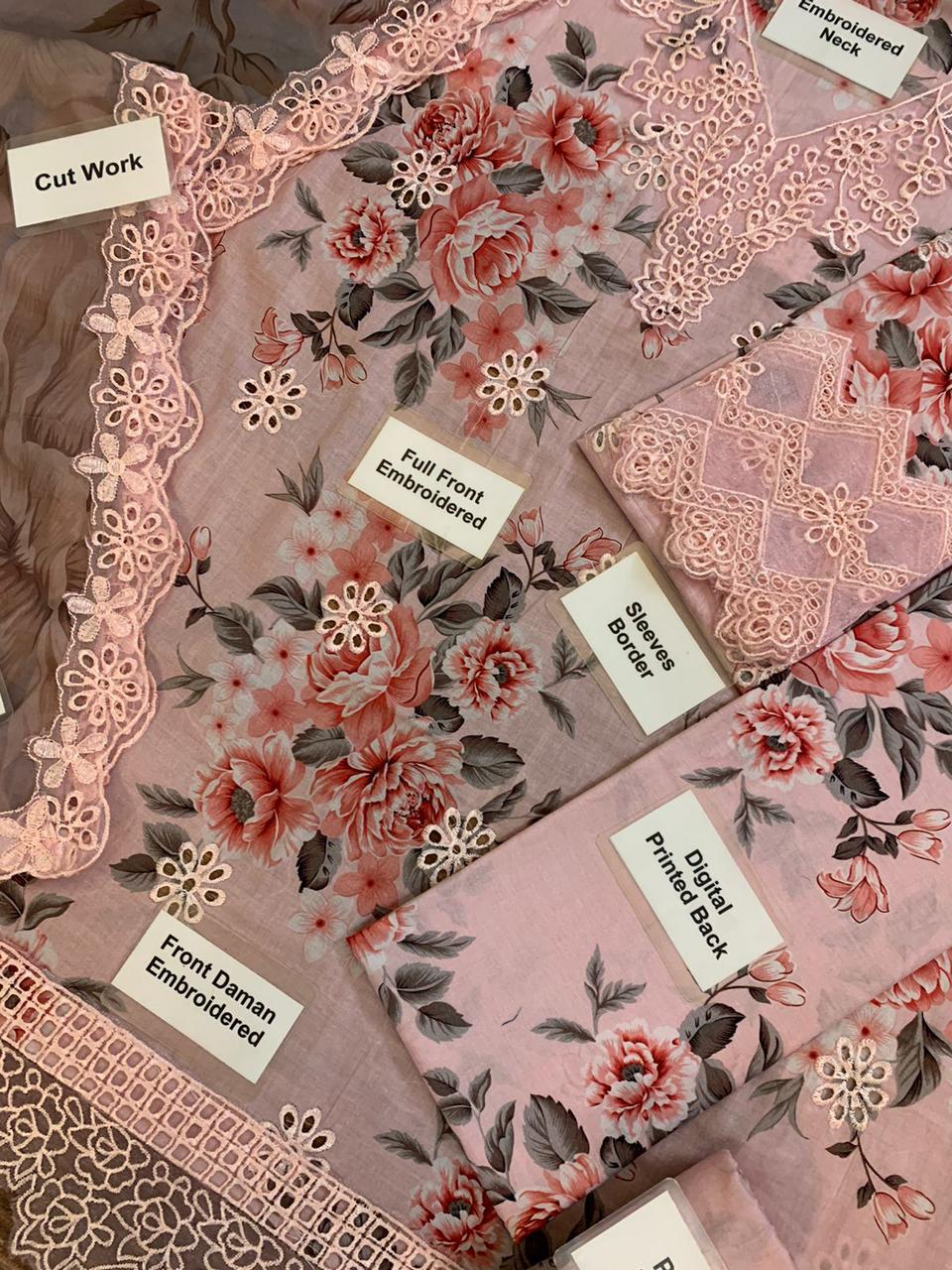 Iznik Pink Pure Lawn Chikankari Embroidery Dress 3pc Unstitched