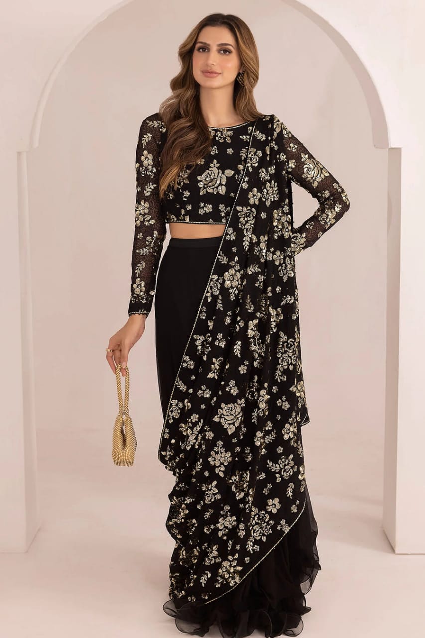 Jazmin Black Saree Chiffon Embroidery Unsitched