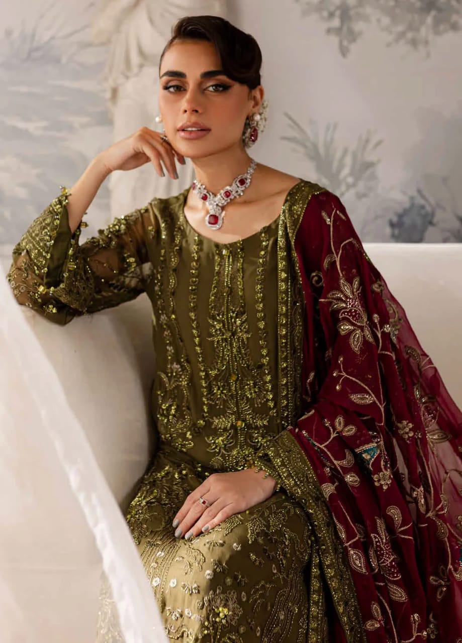 Nureh Green Maroon Chiffon Dress Formal Collection 3pc
