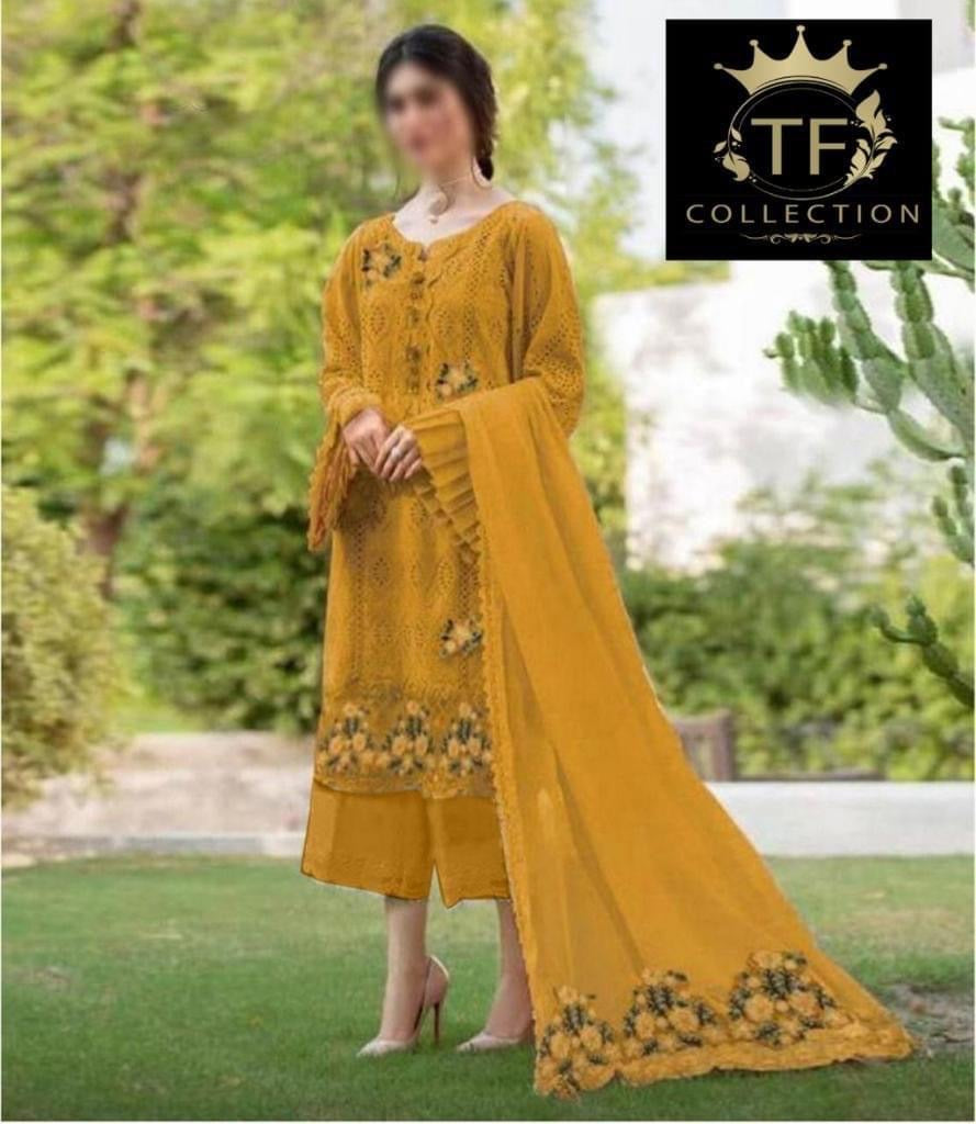 zarqash Cotton Lawn Embroidery dress chikankari Mustard 3pc Unstiched