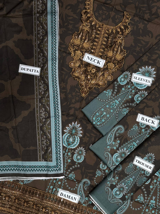 Lawn 3 piece embrordery patch unstiched lawn dupata