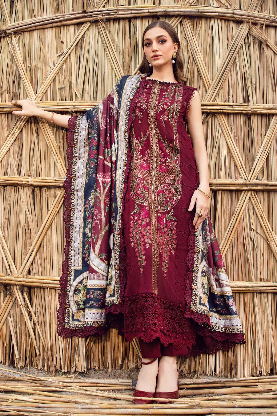 Maria b Red Luxury Cotton Lawn Chikankari Embroidery Dress 3pc Unstitched