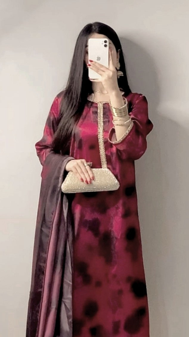Lulusar Silk Maroon & black Hand Work Party Wear Collection 3pc Stitched Dress