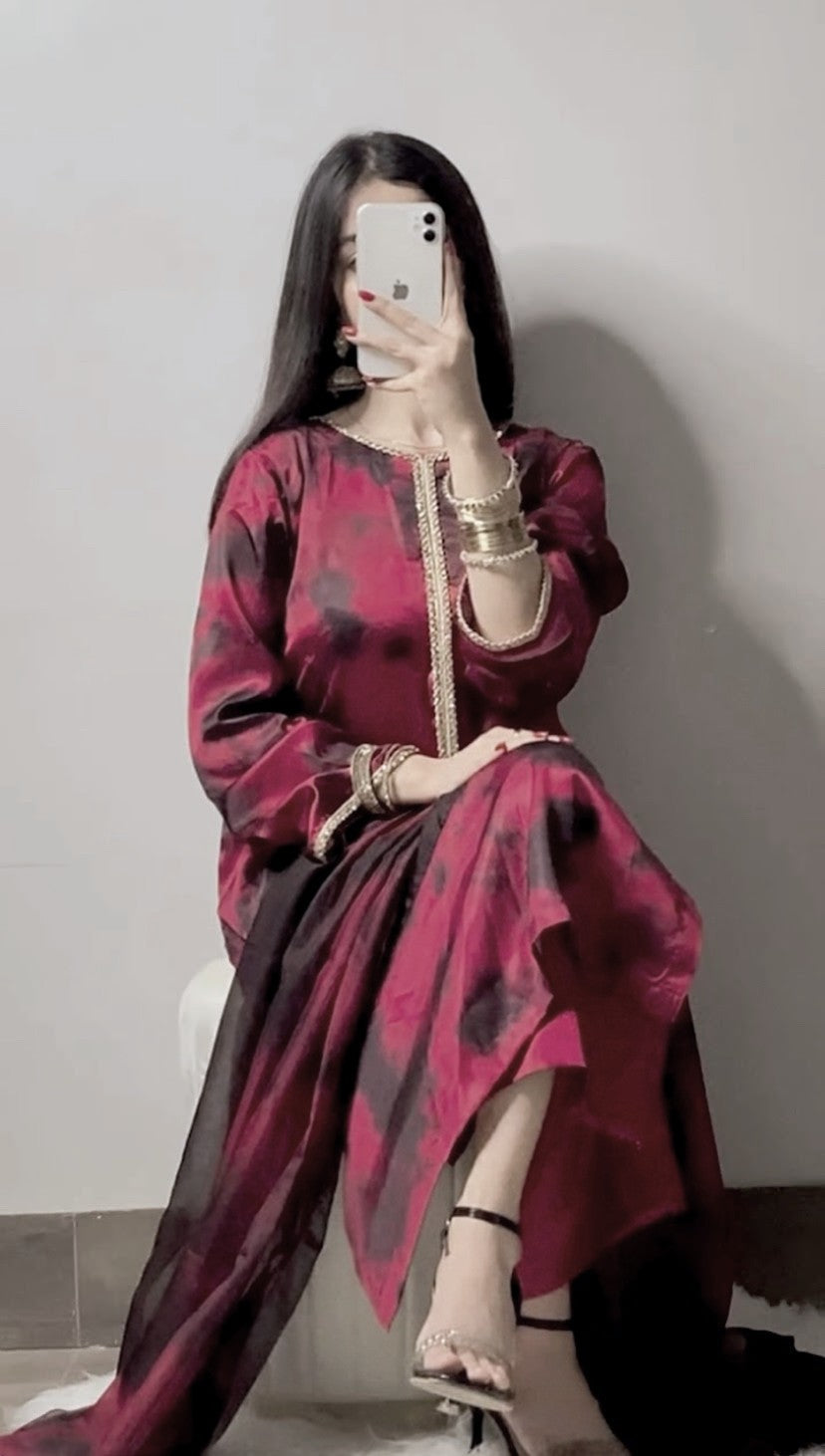 Lulusar Silk Maroon & black Hand Work Party Wear Collection 3pc Stitched Dress