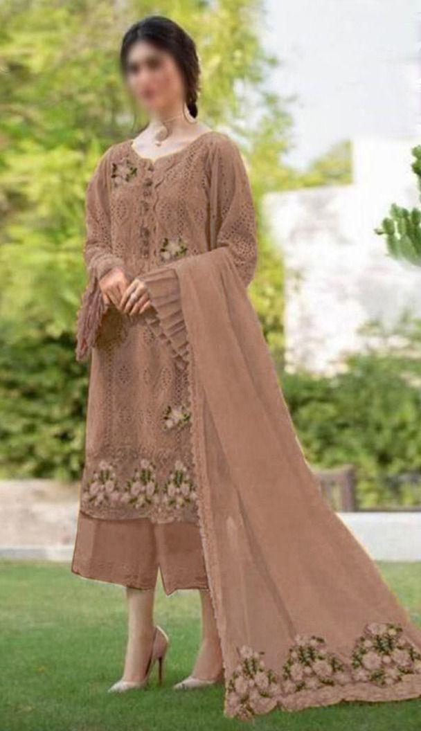 Zarqash Brown Embroidery Lawn Chikankari Dress 3pc Unstitched