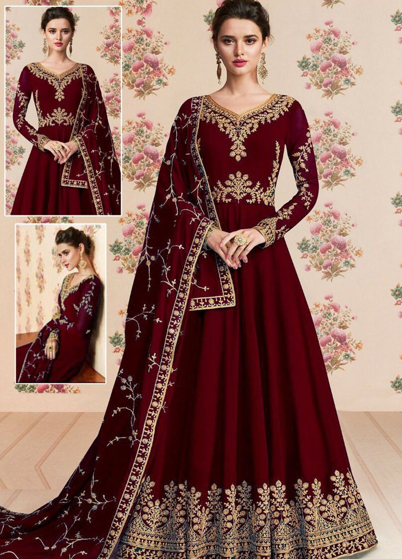 Designer Wear Maxi Formal Collection Chiffon Fabric Maroon Color