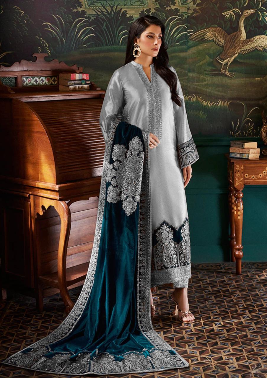 Zainab Chottani Maysori Blue Shawl Velvet Formal Collection 3pc 9000 Micro