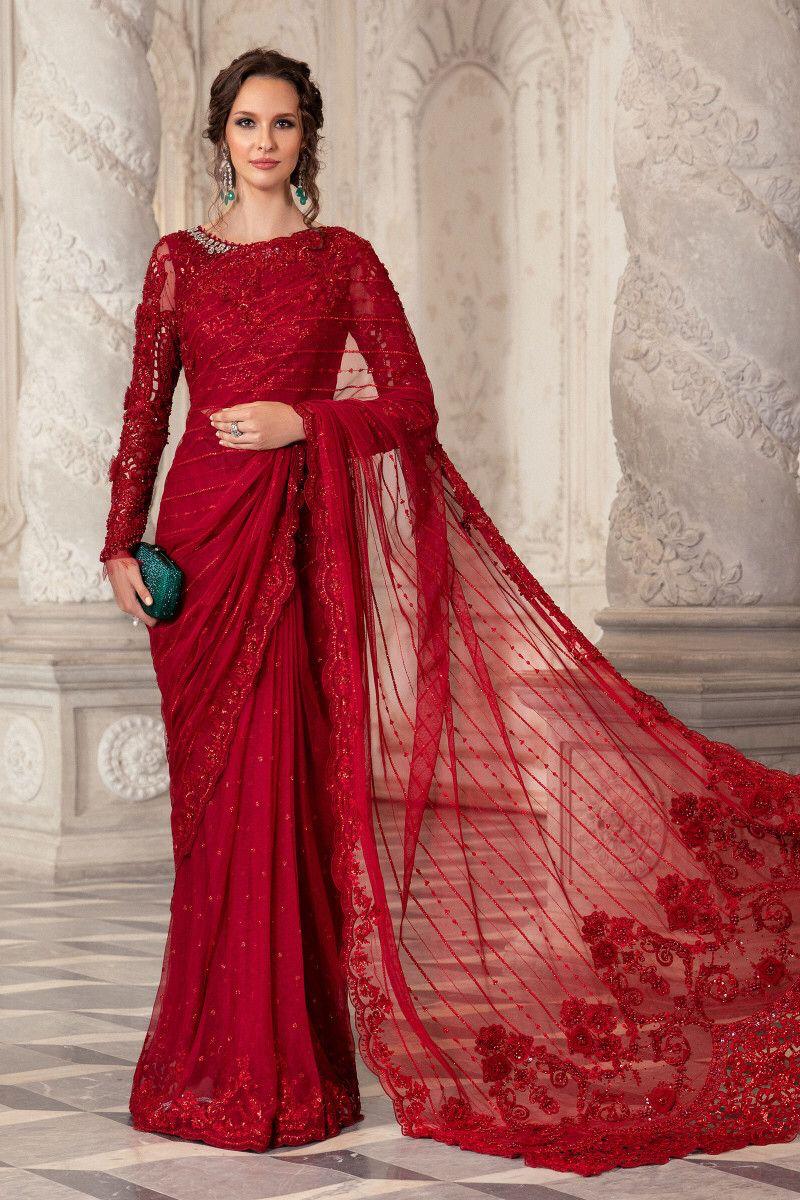 MARIA B RED SAREE NET FABRIC