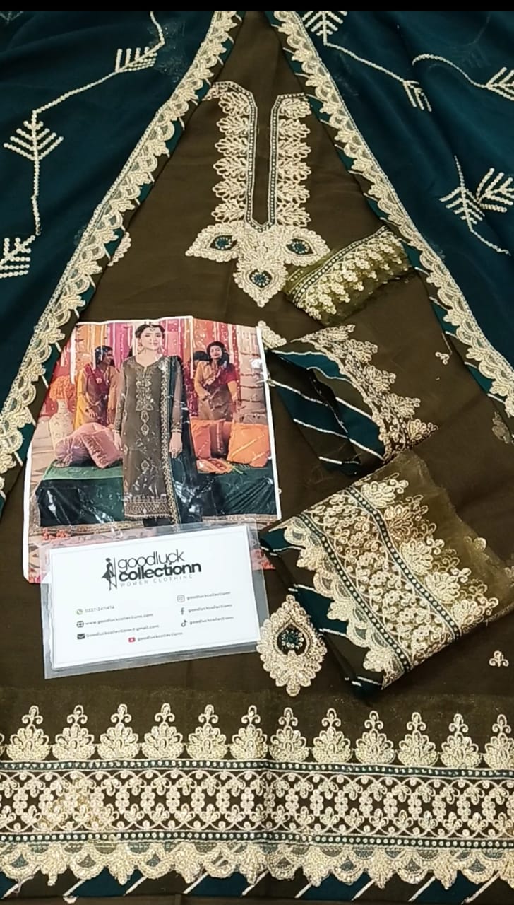 Asim Jofa Green Chiffon Embroidery Formal Collection 3pc Unstitched